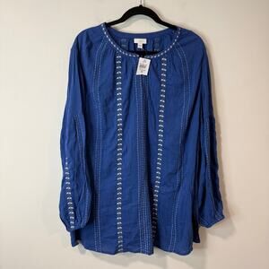 J. Jill Embroidered Peasant Tunic Blouse Blue Long Sleeve NEW 2X Flowy